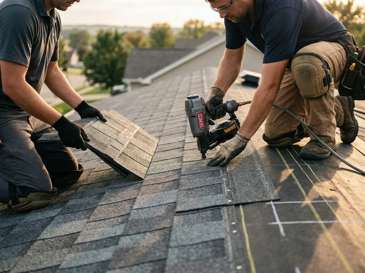 Professional roofer working on a residential roof in Marlow Heights